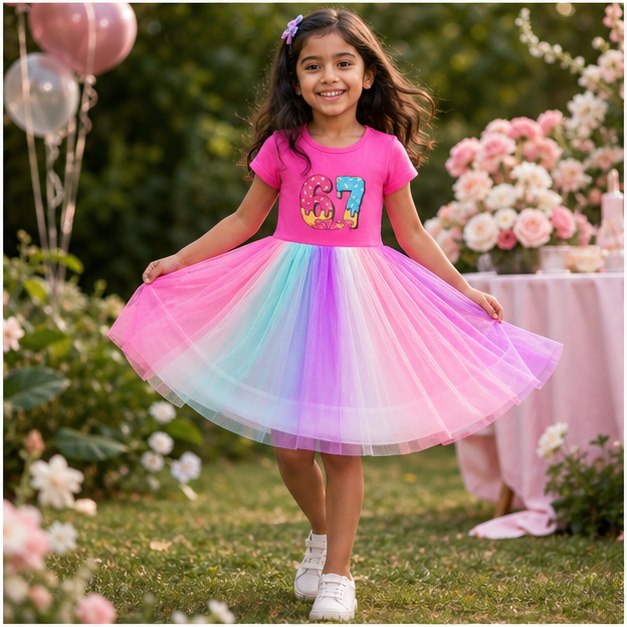 A child twirling in a colorful Wink & Weave dress